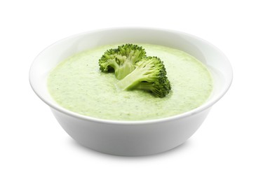 Photo of Delicious broccoli cream soup in bowl isolated on white