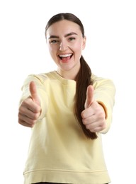 Photo of Happy woman showing thumbs up on white background. Like gesture