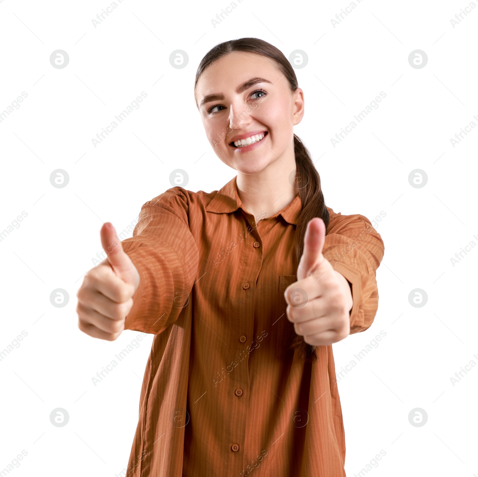 Photo of Happy woman showing thumbs up on white background. Like gesture