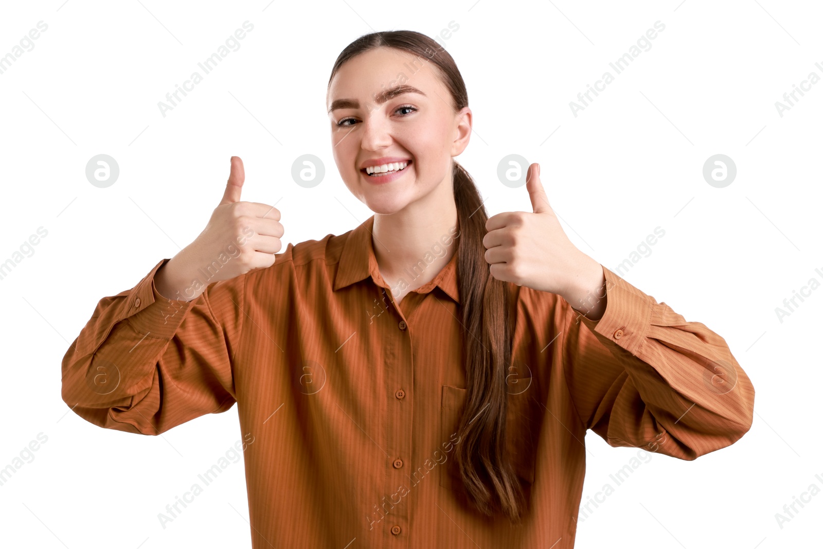 Photo of Happy woman showing thumbs up on white background. Like gesture