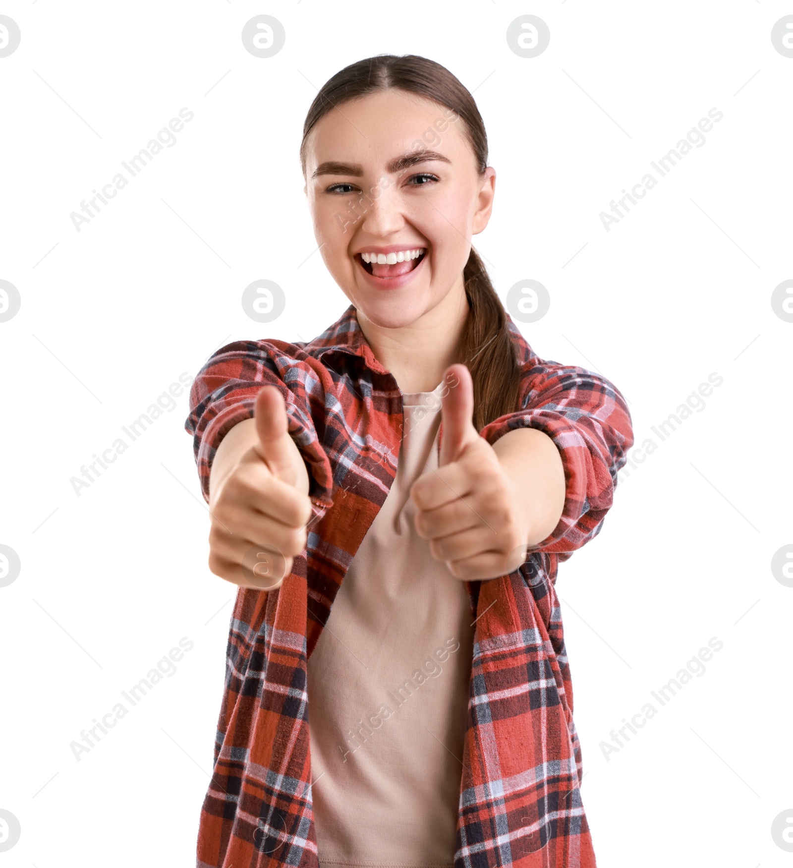 Photo of Happy woman showing thumbs up on white background. Like gesture