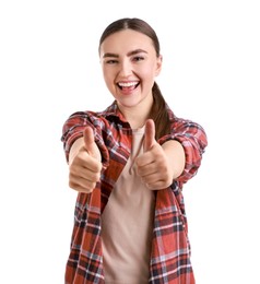 Photo of Happy woman showing thumbs up on white background. Like gesture