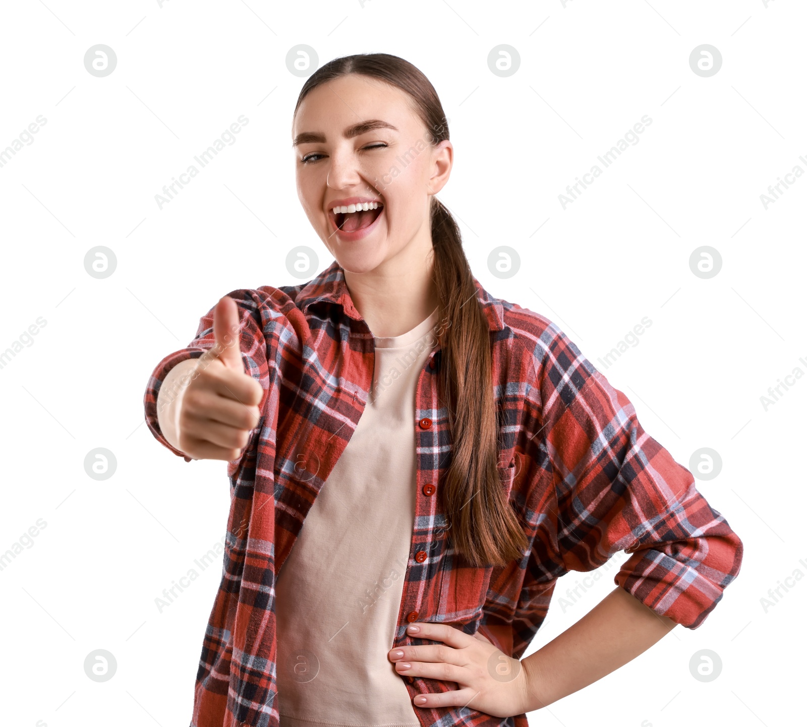 Photo of Happy woman showing thumbs up on white background. Like gesture