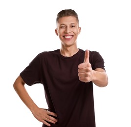 Photo of Happy man showing thumbs up on white background. Like gesture