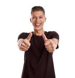 Happy man showing thumbs up on white background. Like gesture