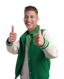 Photo of Happy man showing thumbs up on white background. Like gesture