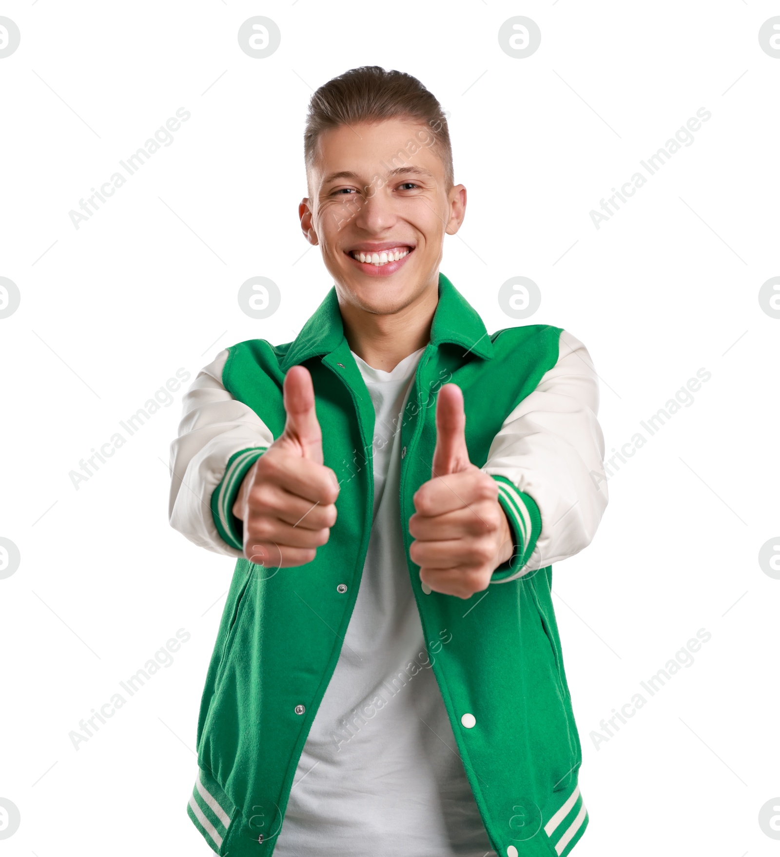 Photo of Happy man showing thumbs up on white background. Like gesture