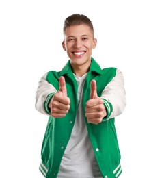 Photo of Happy man showing thumbs up on white background. Like gesture