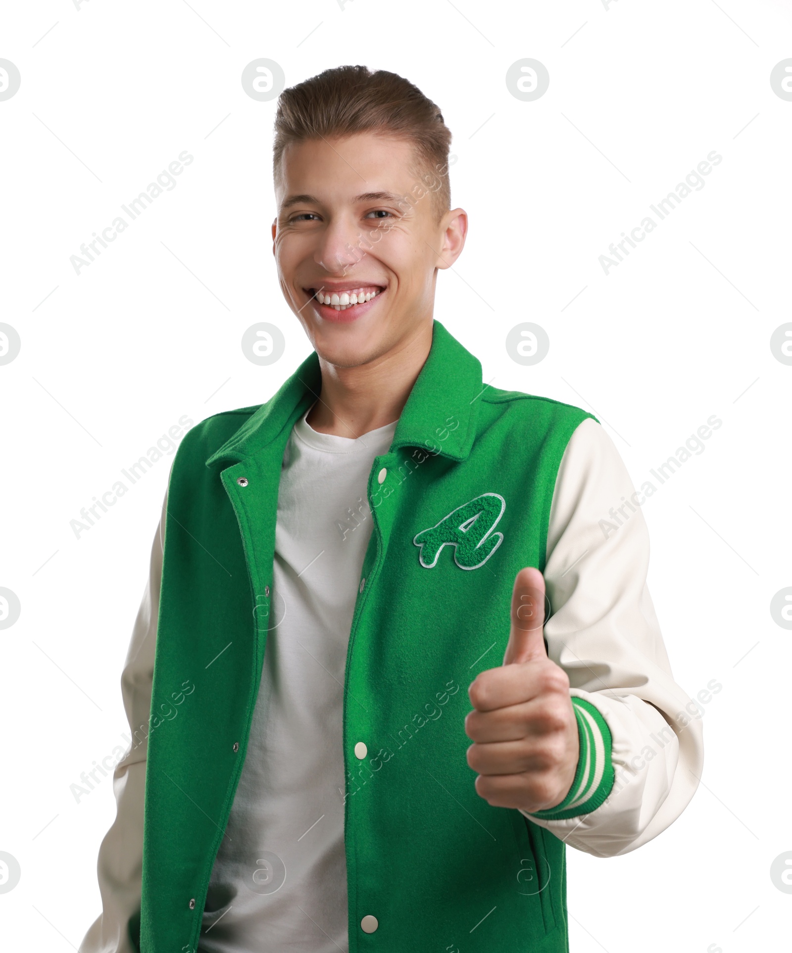 Photo of Happy man showing thumbs up on white background. Like gesture