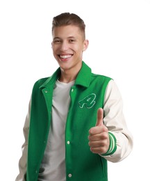 Happy man showing thumbs up on white background. Like gesture