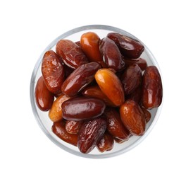 Photo of Tasty dried dates in glass bowl isolated on white, top view