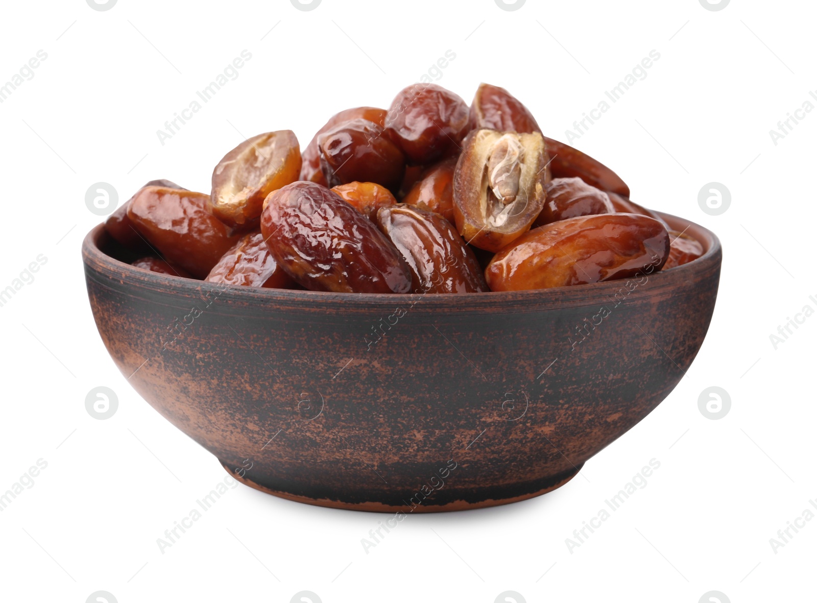 Photo of Tasty dried dates in bowl isolated on white