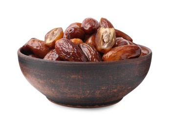 Photo of Tasty dried dates in bowl isolated on white