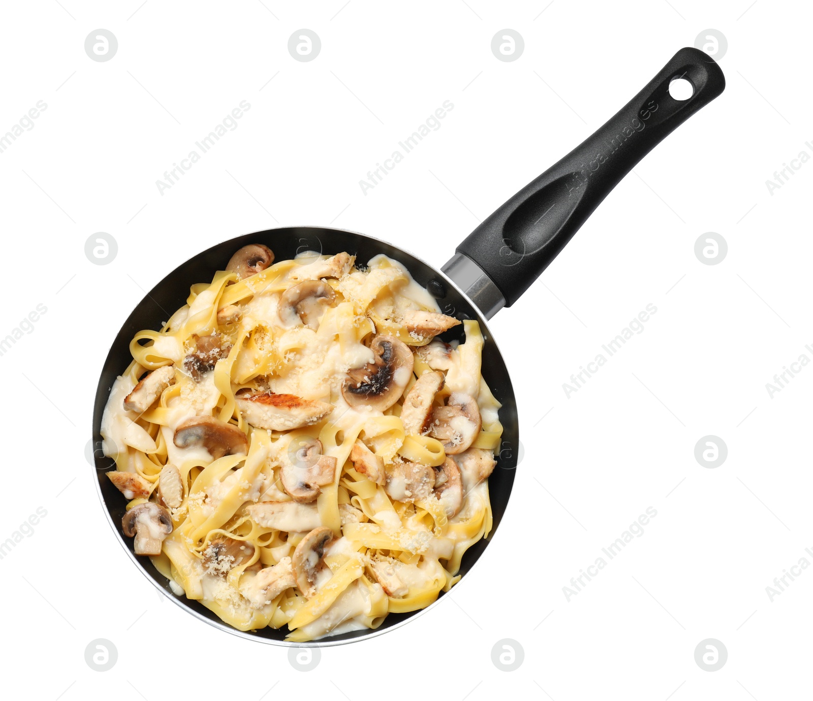 Photo of Tasty Alfredo pasta with chicken and mushrooms in frying pan isolated on white, top view