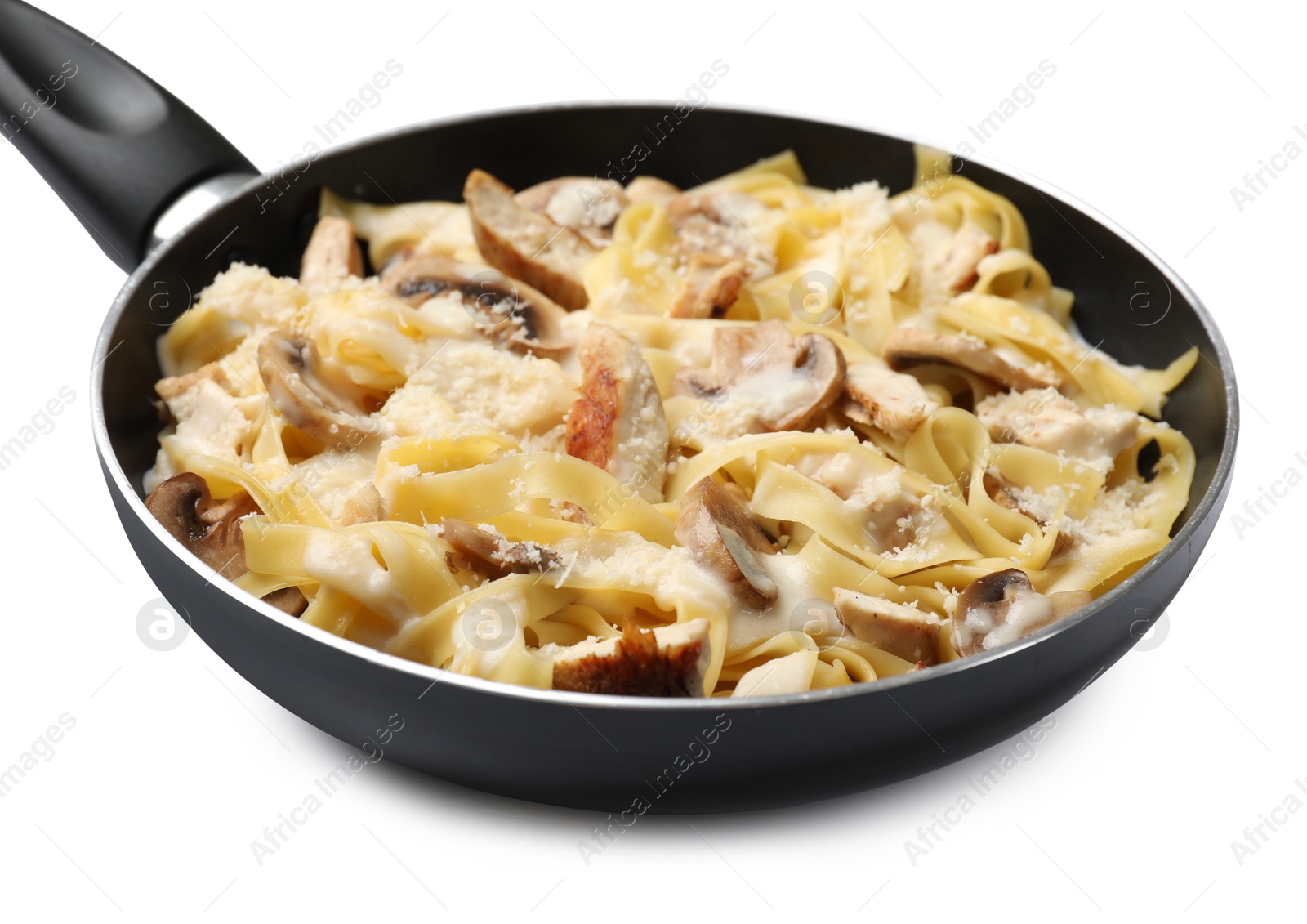 Photo of Tasty Alfredo pasta with chicken and mushrooms in frying pan isolated on white