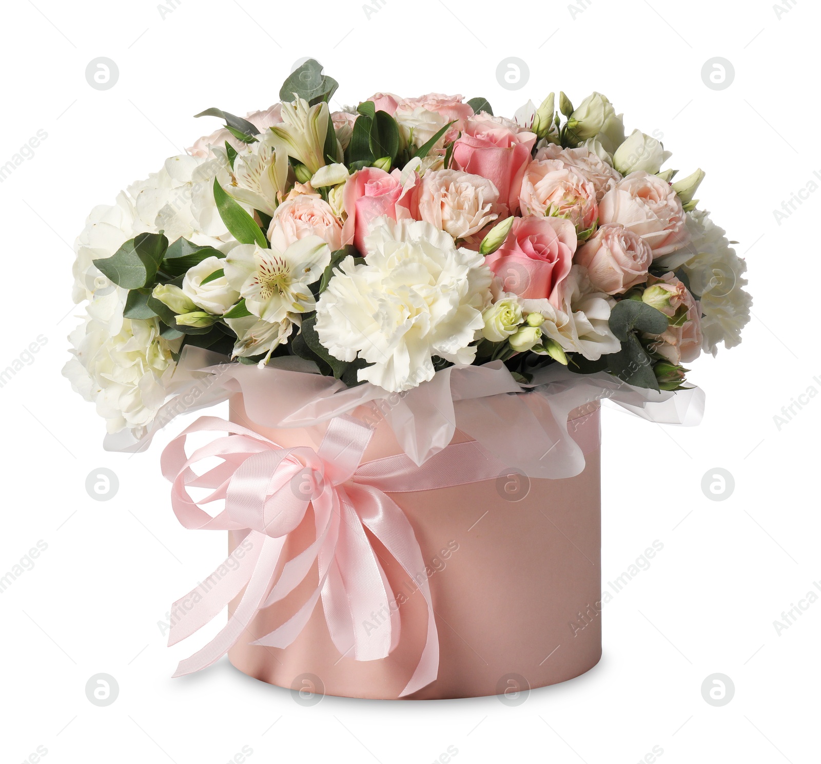 Photo of Bouquet of beautiful flowers in box isolated on white