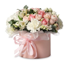 Photo of Bouquet of beautiful flowers in box isolated on white