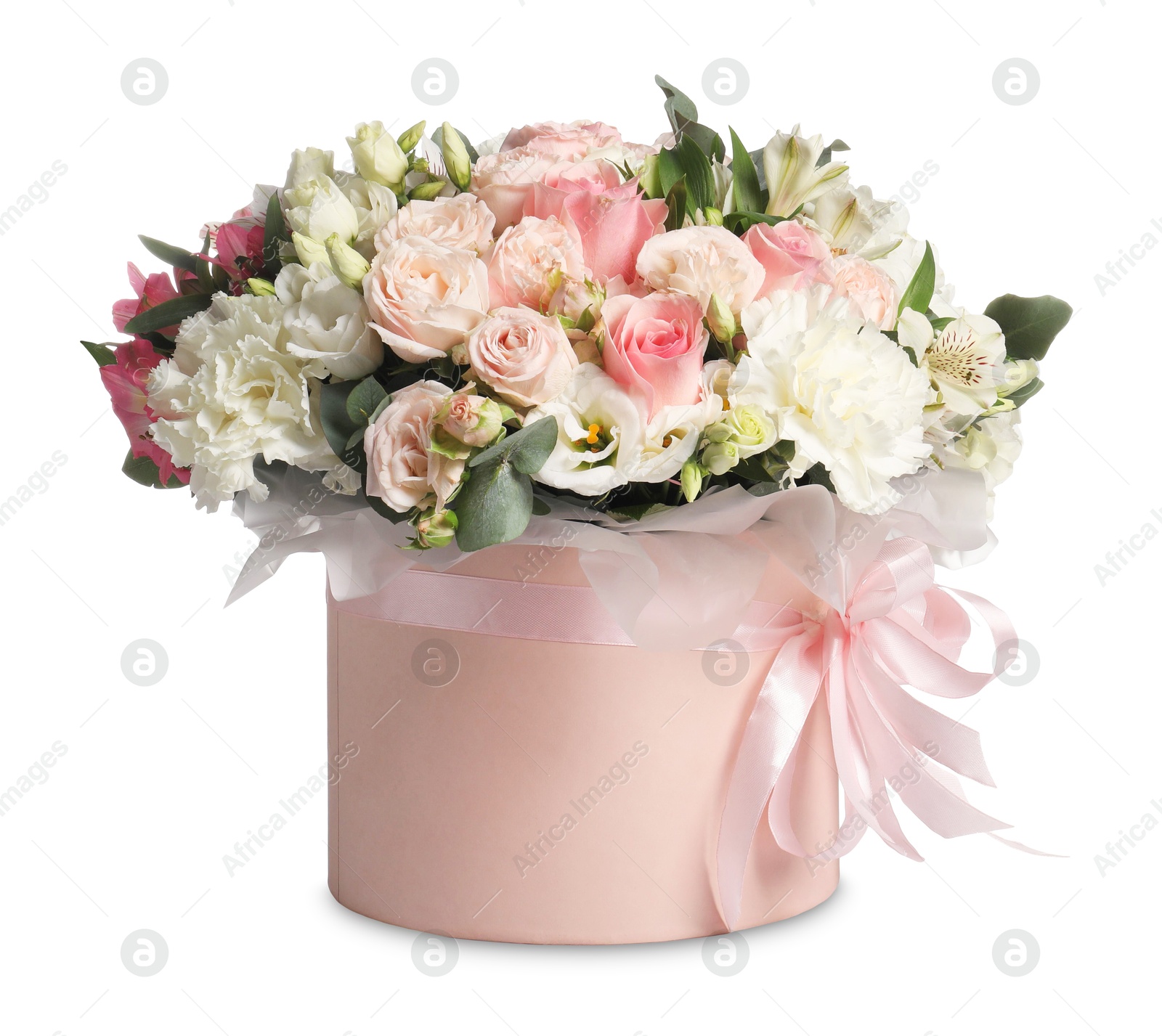 Photo of Bouquet of beautiful flowers in box isolated on white