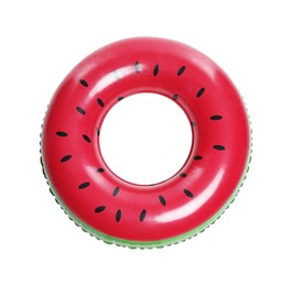 Photo of inflatable ring with watermelon pattern isolated on white, top view