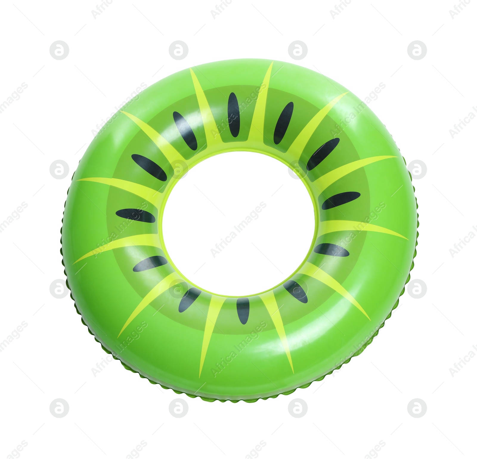 inflatable ring with kiwi pattern isolated on white, above view Photo of inflatable ring with kiwi pattern isolated on white, above view