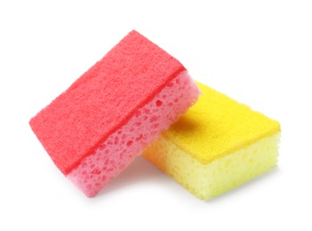 Photo of Colorful sponges isolated on white. Cleaning tools