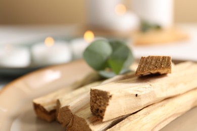 Photo of Palo santo sticks on plate, closeup view