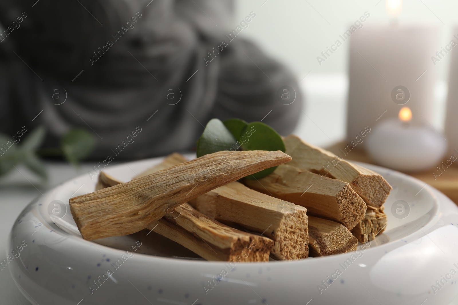 Photo of Palo santo sticks and eucalyptus leaves on table, closeup