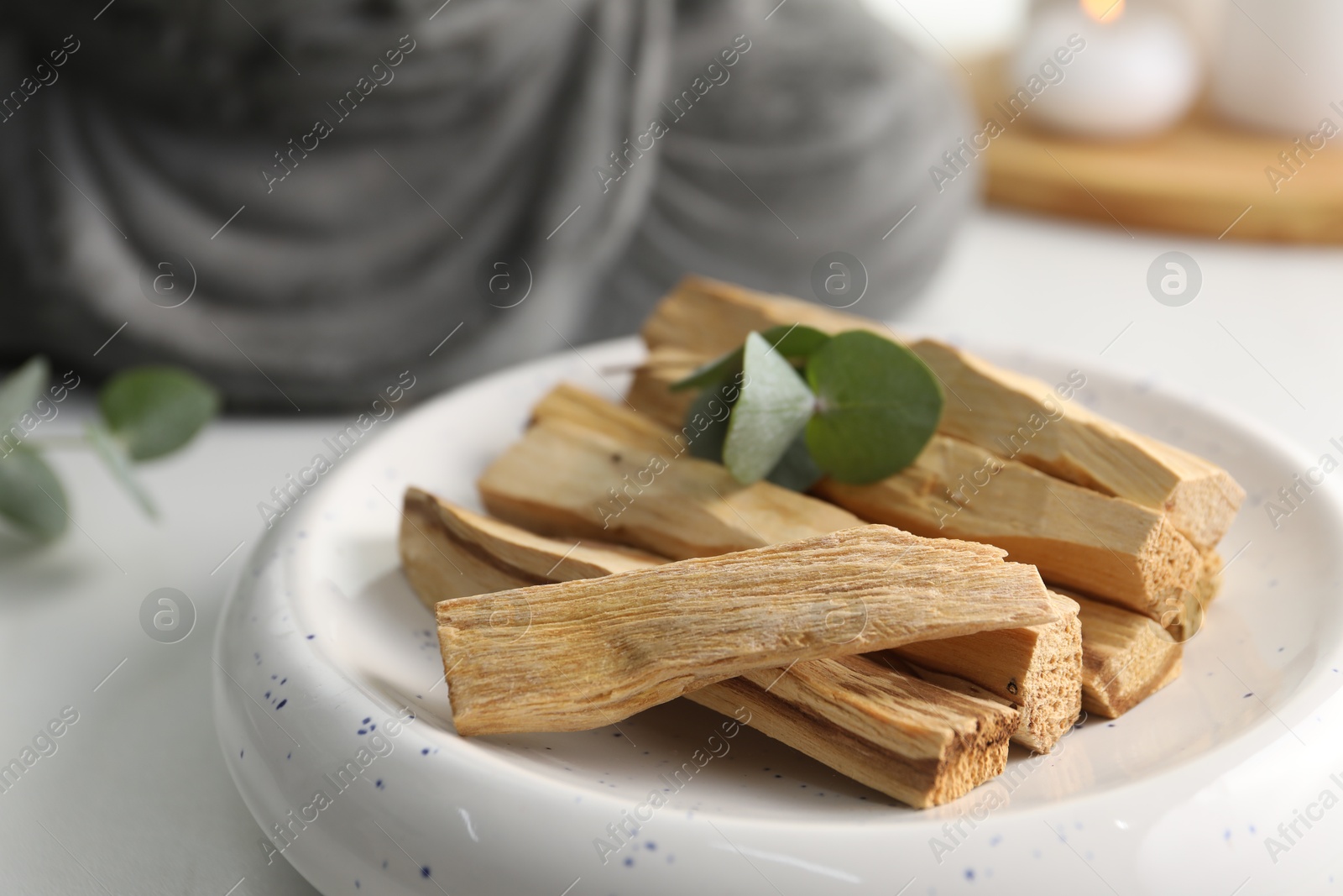 Photo of Palo santo sticks and eucalyptus leaves on white table, closeup