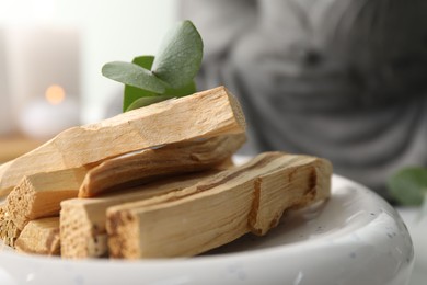 Photo of Palo santo sticks and eucalyptus leaves on blurred background, closeup