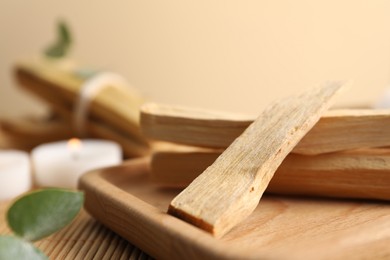 Photo of Palo santo sticks on bamboo mat, closeup