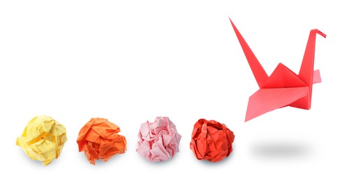 Image of Red origami crane and crumpled paper balls on white background, banner design. Transformation or new ideas concept