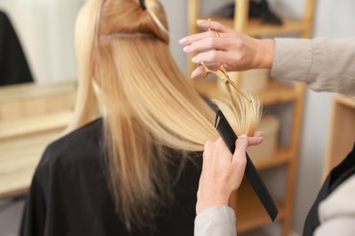 Photo of Hairdresser cutting client's hair with scissors in salon, closeup