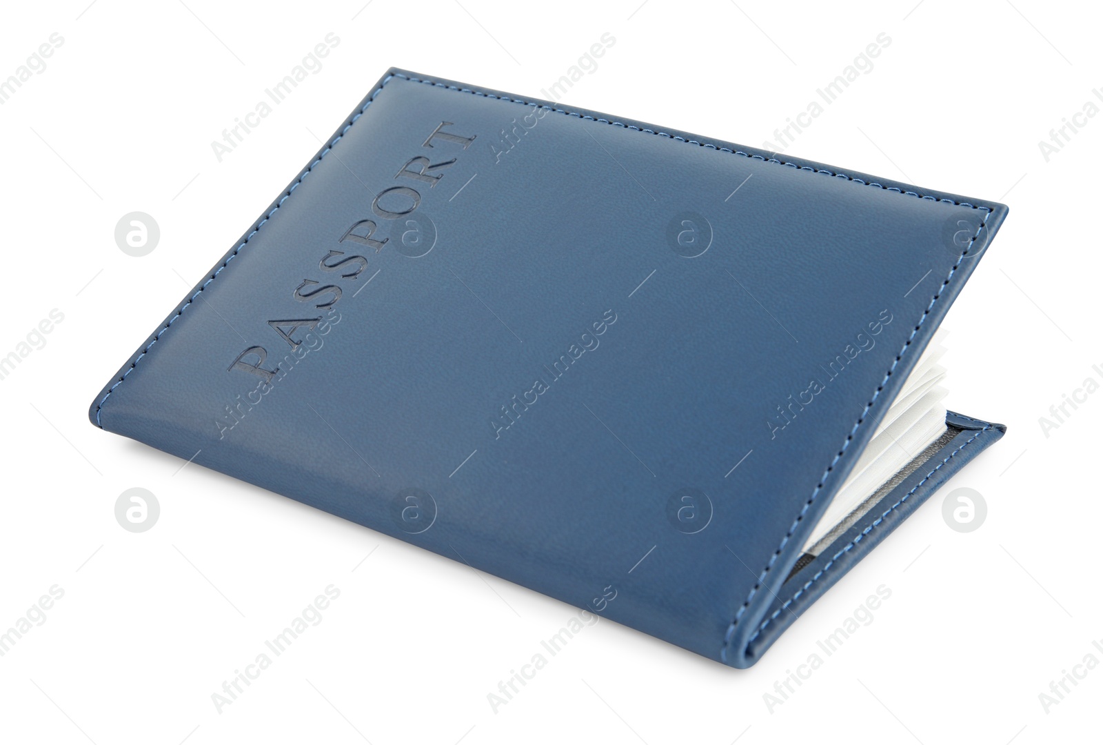 Photo of Passport in dark blue cover isolated on white