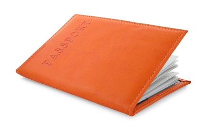 Photo of Passport in orange cover isolated on white