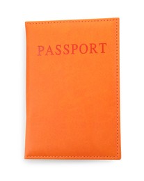 Photo of Passport in orange cover isolated on white, top view