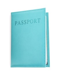 Photo of Passport in light blue cover isolated on white, top view