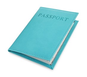 Photo of Passport in light blue cover isolated on white