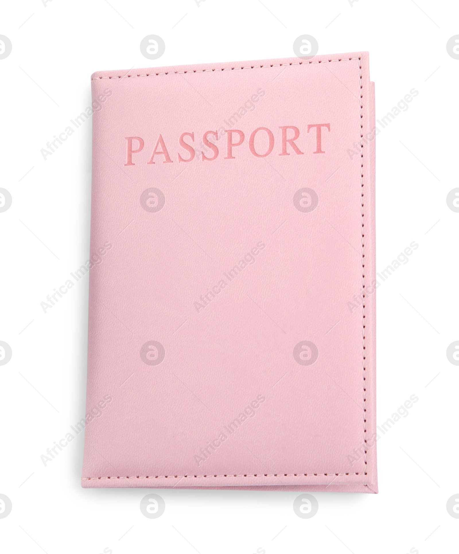 Photo of Passport in light pink cover isolated on white, top view