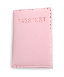 Photo of Passport in light pink cover isolated on white, top view