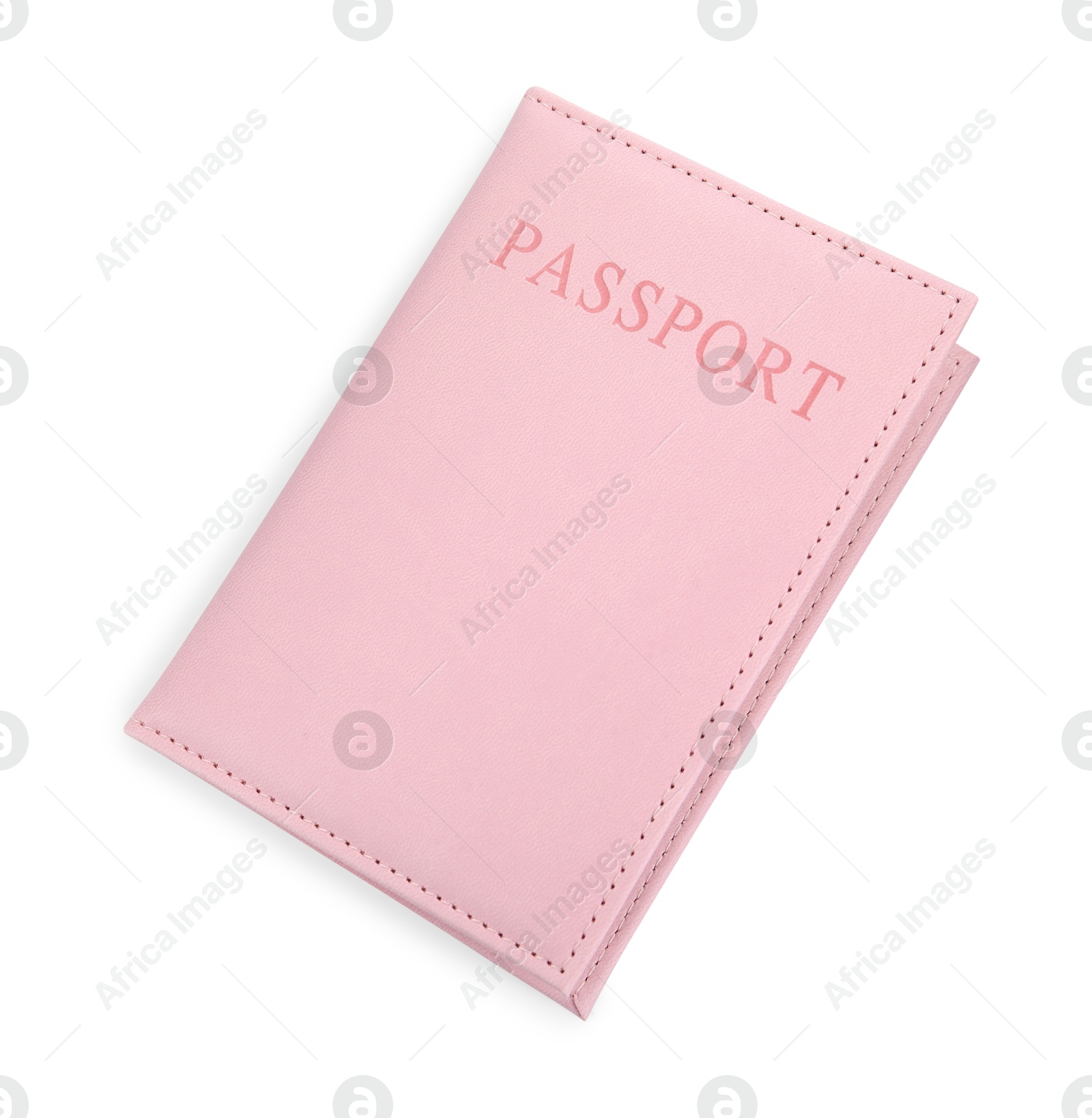 Photo of Passport in light pink cover isolated on white, top view