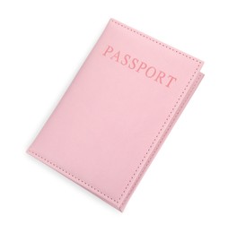 Photo of Passport in light pink cover isolated on white, top view