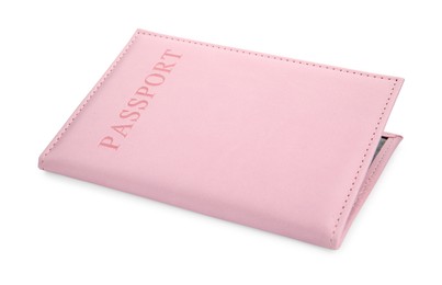 Photo of Passport in light pink cover isolated on white