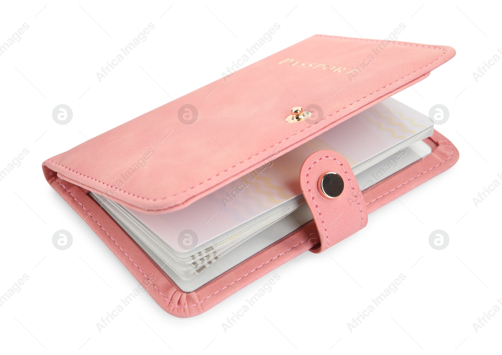 Photo of Passport in pink cover isolated on white