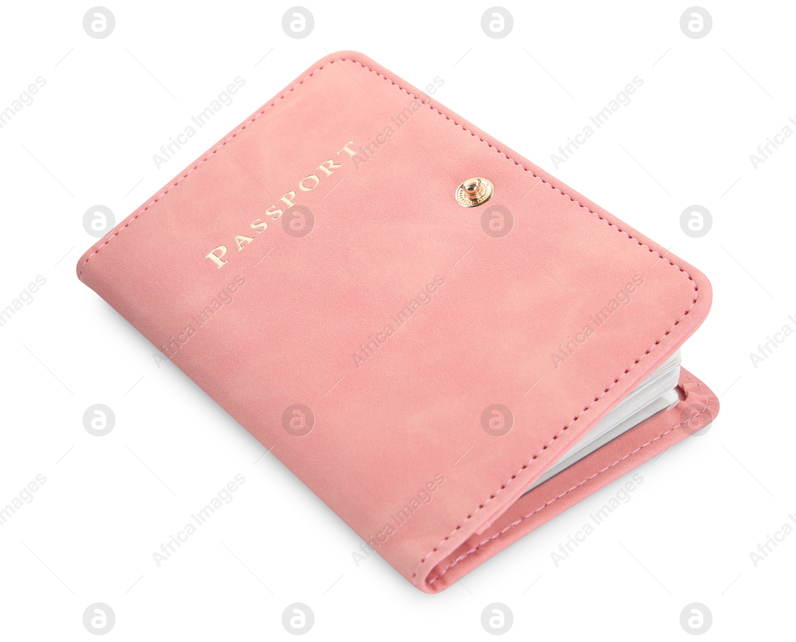 Photo of Passport in pink cover isolated on white