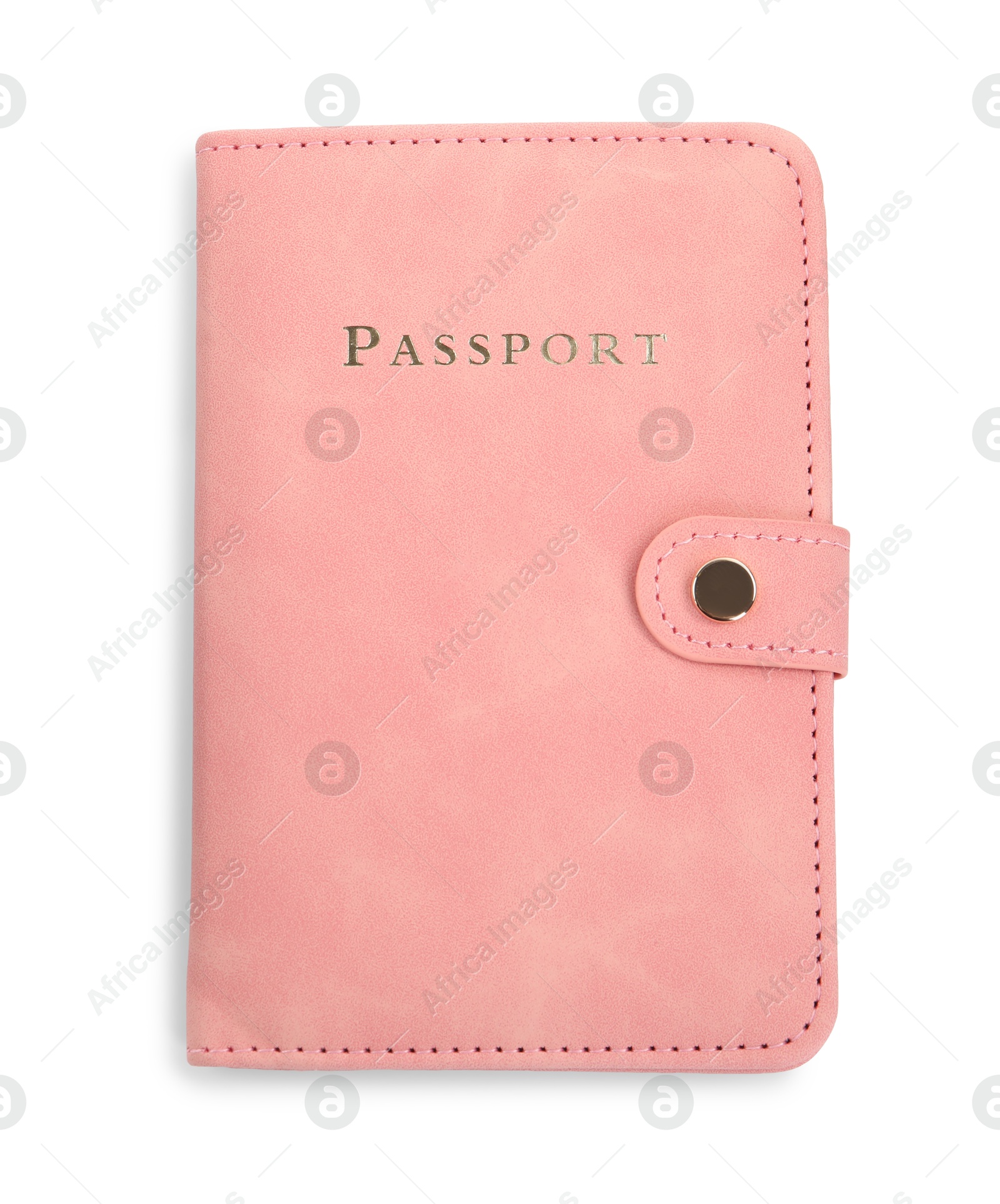 Photo of Passport in pink cover isolated on white, top view