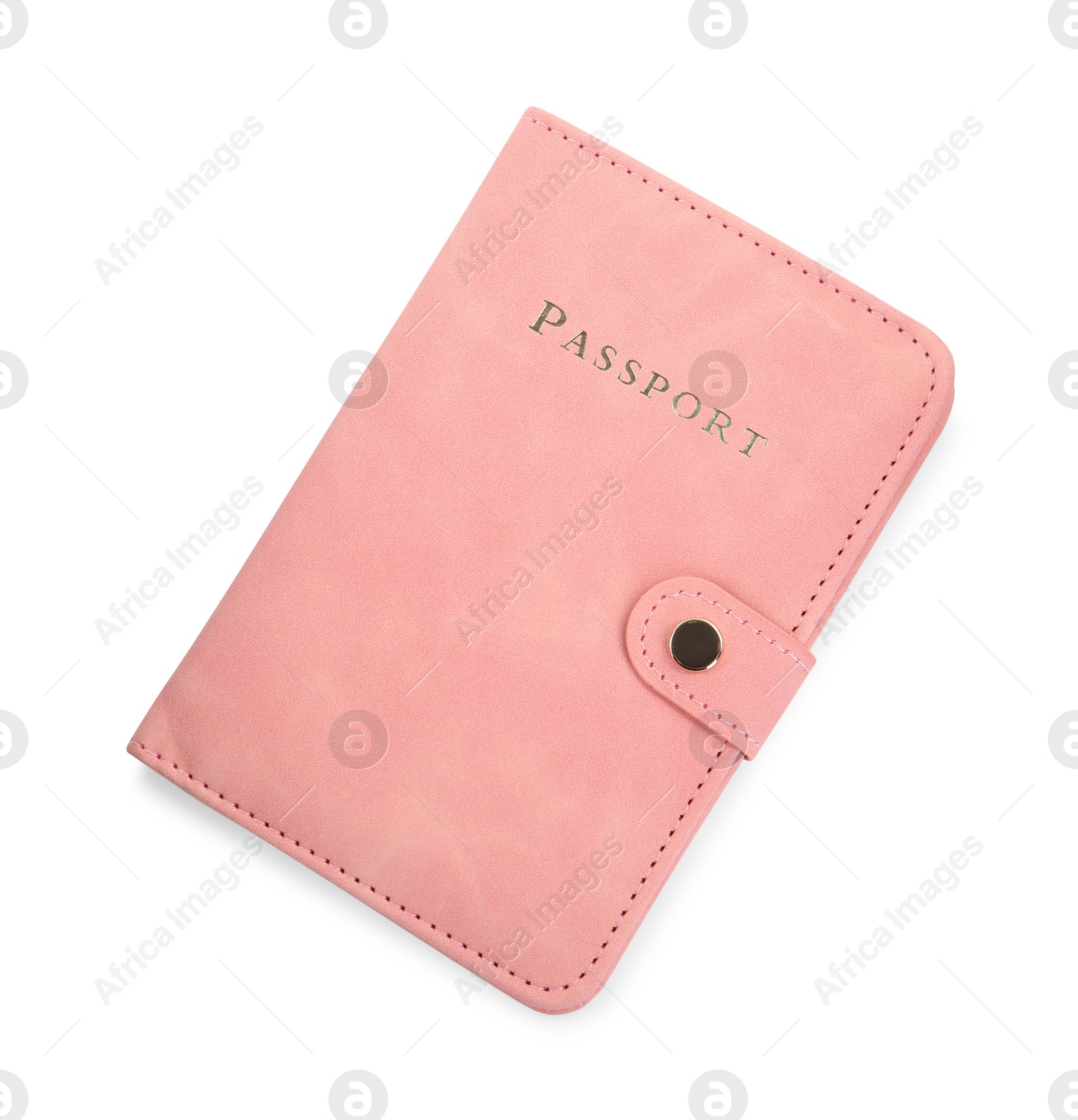 Photo of Passport in pink cover isolated on white, top view