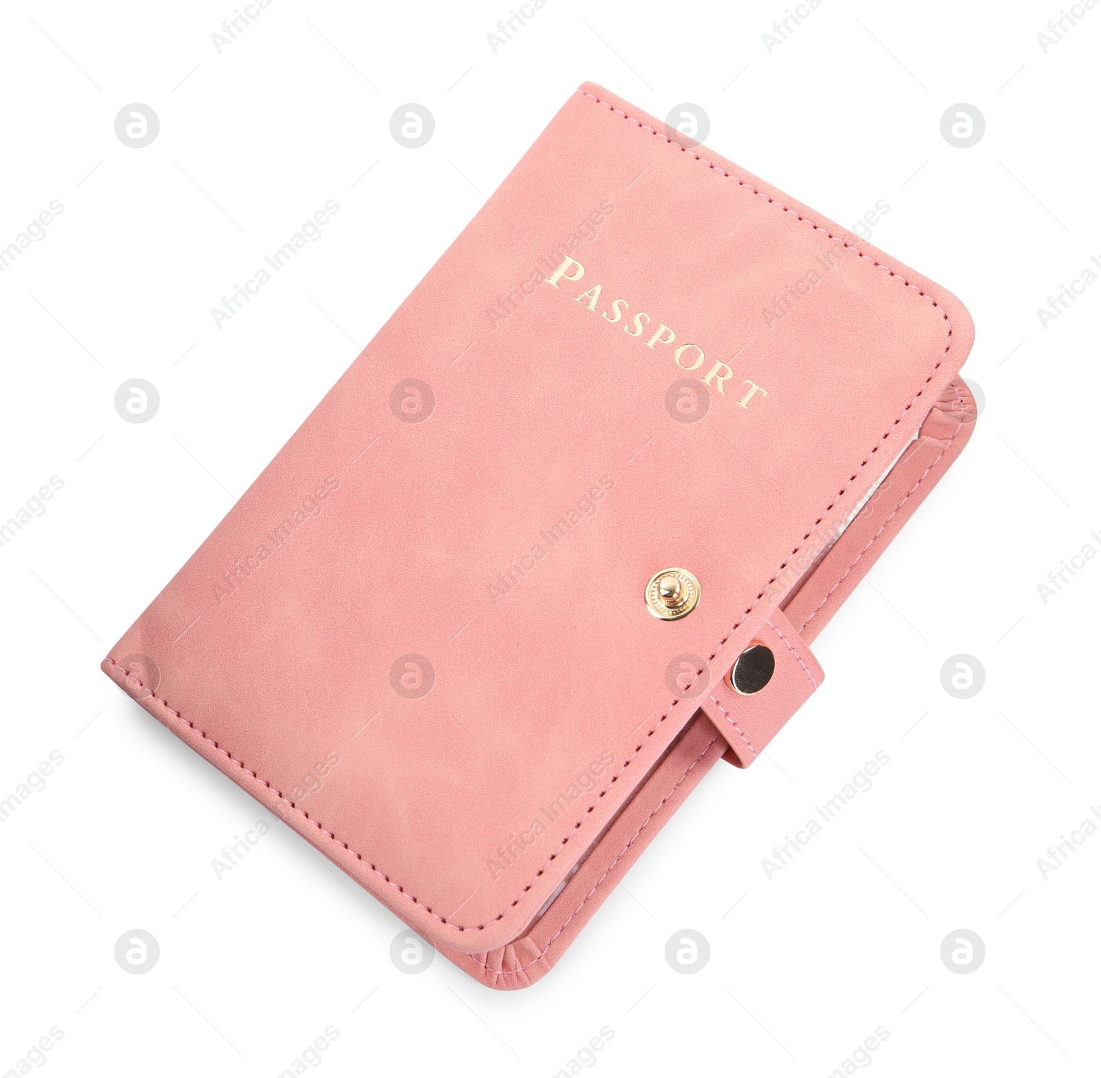 Photo of Passport in pink cover isolated on white, top view