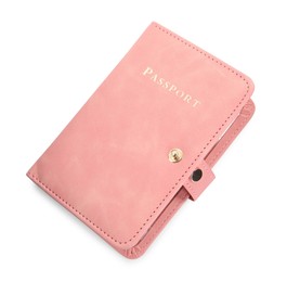 Photo of Passport in pink cover isolated on white, top view