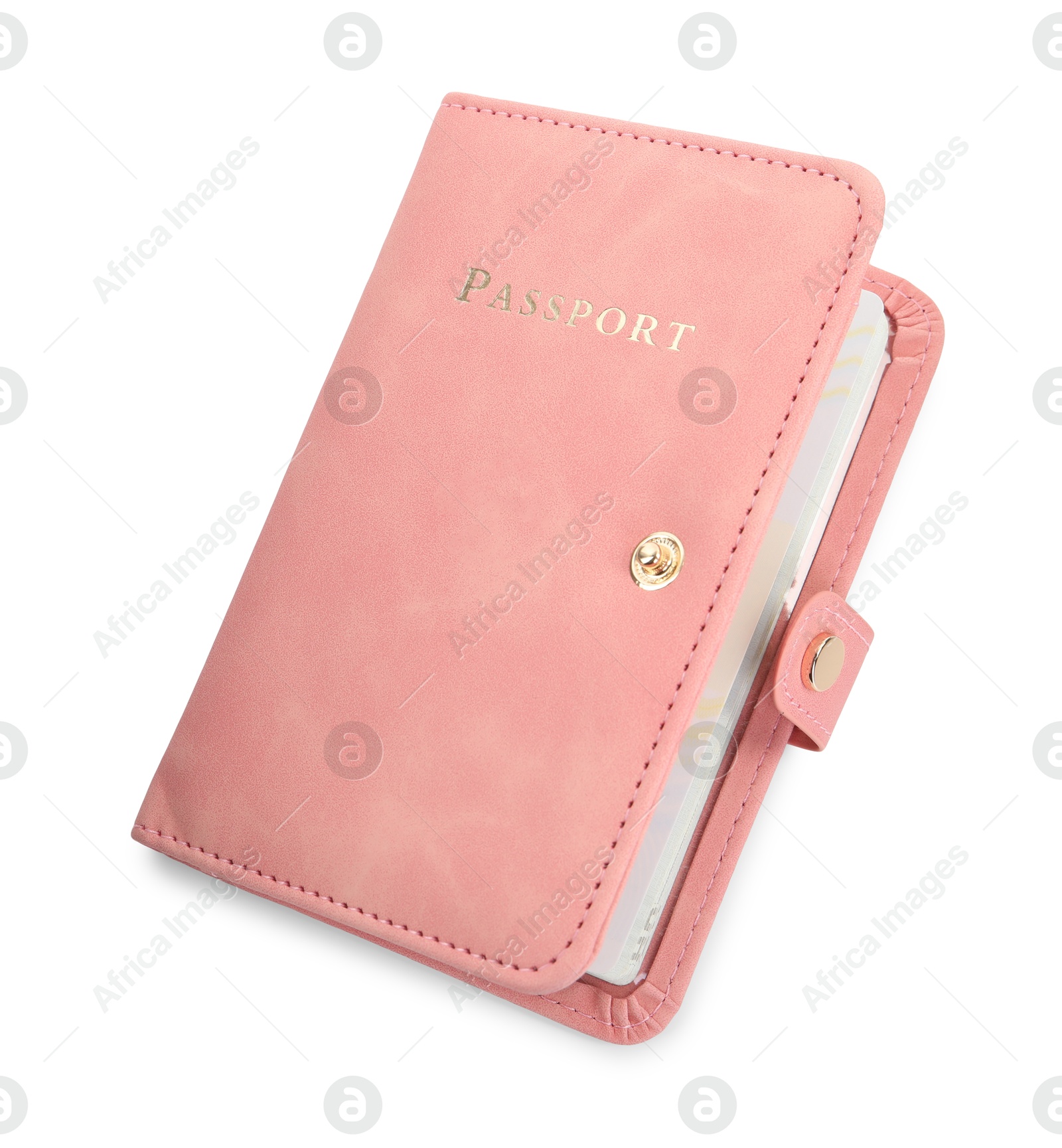 Photo of Passport in pink cover isolated on white, top view