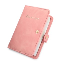 Photo of Passport in pink cover isolated on white, top view